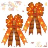 [ 2 Pack & Timer ] Prelit Fall Wreath Bows with 40 LED Lights Total, 18 Inch Orange Buffalo Burlap Plaid Bows for Wreath, Fall Bows Tree Topper Front Door Thanksgiving Home Decor Indoor Outdoor