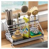 WonCherry Sponge Holder for Kitchen Sink, Stainless Steel Kitchen Sink Caddy Organizer Sponge Holder with 2 Baskets for Countertop Dish Brush Soap Dispenser Kitchen Accessories Storage, Silver