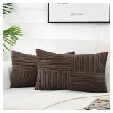 Fancy Homi 2 Packs Dark Brown Long Lumbar Decorative Throw Pillow Covers 16x24 Inch for Couch Bed Sofa, Rustic Farmhouse Boho Home Decor, Soft Striped Corduroy Rectangle Accent Cushion Case 40x60 cm