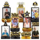 KEKERORA 9Pcs Happy Retirement Party Decorations Honeycomb Centerpieces Black Gold Retirement Photo Table Centerpiece Party Supplies for Man/Women, Officially Retired No Work Zone Photo Table Topper