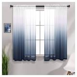 KOUFALL Navy Blue Bathroom Curtains for Window 2 Panels Rod Pocket Small Short Ombre Sheer Curtains for Shower Room 42 x 45 Inch Length Blue and White