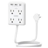 Flat Multi Plug Extender with 3 USB Wall Charger(1 Type C), 4 Outlet Wall Adapter, 4 ft Thin Extension Cord, Flat Plug Surge Protector Power Strip for Home, Office, College Dorm. White