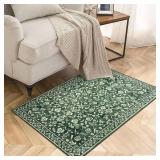 SILOLOOM Vintage Entryway Rug Indoor, Green Washable Rug 2x3, Small Area Rug, Non-Slip Throw Rugs, Floral Kitchen Rug Print Faux Wool Thin Super Soft Front Door Rug Floor Carpet for Bedroom Office