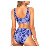 Tempt Me Women Blue Tie Dye Two Piece Scoop Neck Bikini Crop Top Swimsuit Sporty High Waisted Bathing Suit XL