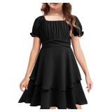 Arshiner Girls Dresses Puff Sleeve Square Neck Boho Smocked Shirred Flared Midi Party Dress Black 10 11