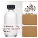 12 Pack, 2 oz Small Clear Glass Bottles w/ Lid & 3 Stainless Steel Funnels   60ml Boston Sample Bottles   Mini Travel Essential or Decorative Bottles for Potion, Juice, Wellness, Ginger Shots, Whiskey