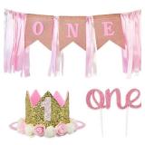 Ornaous Baby Girl 1st Birthday Party Decorations Set, First Birthday Hat and ONE Highchair Banner Cake Topper for Party Supplies (Pink)