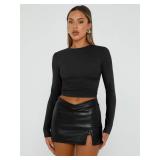 Trendy Queen Womens Long Sleeve Shirts Basic Crop Tops Tight Slim Fit Cute Teen Girls Fall Winter Y2k Clothes 2024 Black XL