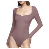 PUMIEY Bodysuits for Women Long Sleeve Sweetheart Neck Body Suits T Shirt Tops, Pimento Small