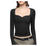 PUMIEY Long Sleeve Shirts for Women Sweetheart Neck, Going Out Tops Sexy Basic Tee, Jet Black X-Large