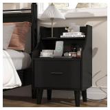 WEENFON Nightstand, Black Nightstands with Charging Station for Bedroom,Wooden Bedside End Table with Drawer and Open Storage,Metal Handles