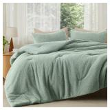 Bedsure Fluffy Sherpa Comforter Set Queen Size, Sage Green Bedding Comforter Set, 3 Peices Luxury Ultra-Soft Bed Set, 1 Solid Queen Comforter (90"x90") and 2 Pillow Cases (20"x26")