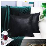 BRAWARM Faux Leather Pillow Covers 18 X 18 Inches, Black Leather Pillow Covers Pack of 2, Crocodile Leather Decorative Throw Pillows for Living Room Couch Bed Sofa Home