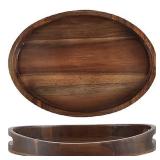 Wood Serving Tray with Handles - 14"x11"Acacia Wood Oval Tray for Living Room, Coffee Table, Breakfast in Bed (Large)