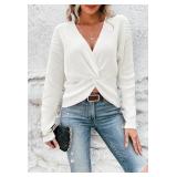 Pink Queen Autumn Knitted Sweater for Women Trendy Casual Loose Crisscross Long Sleeve Jumper Top V Neck Pullover Sweaters White XL