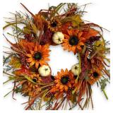 A 24 inch Fall Wreaths for Front Door, Sunflower Autumn Wreath, Pumpkins for Halloween Christmas Farmhouse Indoor Outdoor Outside