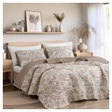 SHALALA Floral Quilt Queen Size,Cotton Quilt Bedding Set for Queen Bed,Lightweight Taupe&White Bed Cover,3pcs Soft Printed Bedspread and Coverlet for All Season(90"x90",Taupe&White)