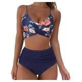 SUUKSESS Women High Waisted Bikini Criss Cross Swimsuits Push Up Bathing Suits (S, Vintage Blue Floral)