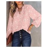 Dokotoo Womens Oversizes Cute Tops for Women 2024 Trendy Casual Summer Fall Smocked Long Sleeve Shirts V Neck Blouses Alicia Floral Flowy Print Work Business Top Light Pink XX Large