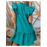 Dokotoo Summer Dresses for Women Sun Dresses 2024 Elegant V Neck Drawstring Ruffle Solid Pockets Cap Short Sleeve Casual Dresses for Women Green Large