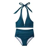 OMKAGI Women Mesh High Waisted Bikini Set Sexy V Neck Tummy control Swimsuit Bathing Suit(M,50 Peacock Blue)