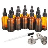 12 Pack, 2 oz Glass Dropper Bottle with 3 Stainless Steel Funnels & 1 Long Eye Dropper   60ml Amber Glass Tincture Bottles for Travel Essential Oils, Liquids   Leakproof