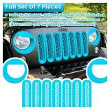 Front Grille Mesh Inserts & Headlight Cover for 2007 2017 Jeep Wrangler JK JKU Unlimited Sport Rubicon Sahara Clip in Grille Cover Guard Angry Bird Headlight Bezels Trim (Matte Light Blue)