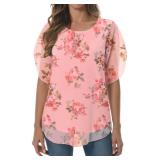 HAOMEILI Womens Ruffle Short Sleeve Mesh Blouses Loose Flowy Tops Stretchy Double Layers Shirts M Floral Pink