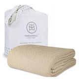 Threadmill Luxury Cotton Blankets for King Size Bed | All Season Cozy 100% Cotton King Size Blanket | Herringbone Soft & Lightweight Fall Thermal Blanket fits California King Size Bed, 106x92 | Beige