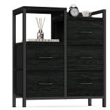 Furnulem 5 Drawer Black Dressers for Bedroom 2 Tier Shelf Storage Small Fabric Dresser for Closet Sturdy Metal Frame Modern Dresser Bedroom Dresser with Drawers for Hallway Rooms