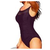 Tempt Me Women One Piece Mesh Swimsuits Tummy Control Swimwear Deep Red Purple L