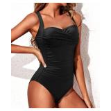 Yonique Women One Piece Swimsuit Tummy Control Vintage Bathing Suit Ruched Swimwear Black L