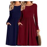 Riyiper 2 Pack Women Casual Long Short Sleeve Dresses Loose Fit Swing Pleated Dress with Pockets Knee Length (Navy Blue, Wine Red, Long Sleeve,Small)