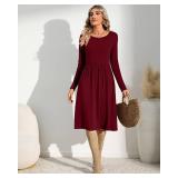 Riyiper 2 Pack Women Casual Long Short Sleeve Dresses Loose Fit Swing Pleated Dress with Pockets Knee Length (Navy Blue, Wine Red, Long Sleeve,Small)