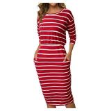 Moyabo Formal Dresses for Women Striped 3/4 Sleeve Pullover Stripe Elastic Wasit Causal Dresses with Pockets Red Small