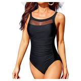 Tempt Me Women One Piece Mesh Swimsuits Tummy Control Swimwear Brown Orange L