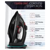 OMAIGA Cordless Iron, 1500W Cordless Iron with Steam - Cordless Iron for Clothes with 11.84oz Water Tank, Anti Drip Iron Cordless with Ceramic Soleplate and 3 Temperature Settings-BLACK