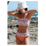 Beachsissi Womens Floral Swimsuits Smocked Stringy Selvedge Cute 2 Pieces Bikini Set, Orange, S