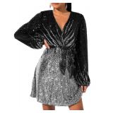 828 - Plus Size Long Sleeves Wrapped V Neck Sequins Skater Style Cocktail Evening Club Dress (L, Black Silver)