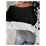 VIMPUNEC Womens Off The Shoulder Oversized Sweater Color Block Pullover Sweaters Cable Knit Chunky Striped Tops B Black Small