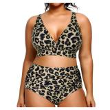 Yonique Womens Plus Size Bikini High Waisted Swimsuits Two Piece Bathing Suits Tummy Control Swimwear Leopard 12Plus