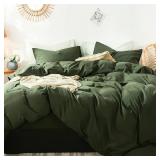 MooMee Bedding Duvet Cover Set 100% Washed Cotton Linen Like Textured Breathable Durable Soft Comfy (Olive Green, Queen)