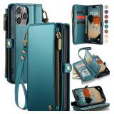 Defencase Compatible with iPhone 15 Pro Max Case Wallet with RFID Blocking Card Holder for Women Men, PU Leather Magnetic Snap Flip Zipper Strap Wallet Phone Case Fit for iPhone 15 Pro Max, Blue Green