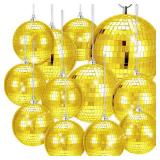 12 Pack Disco Ball Mirror Ball with Hanging Ring for Fun Retro Disco Party Decorations Party DJ Lighting Effect Stage Props Game Accessories, 5.91 Inch, 3.94 Inch, 3.15 Inch, 2.36 Inch (Gold)