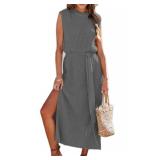 Asskdan Womens Elegant Solid A Line Sleeveless Slit Midi Sweater Knit Dress with Belt (S, 012 Dark Gray)