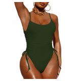 Pink Queen Womens One Piece Swimsuit Ruched High Cut Tummy Control Bathing Suit Monokini Army Green M