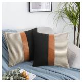 cygnus Set of 2 Farmhouse Decor Stripe Patchwork Black Linen Throw Pillow Covers,Modern Tan Faux Leather Accent Pillow Covers 18x18 inch,Grey Stripe