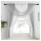 NICETOWN Complete Window Sheer Two Tone Curtain Panel Set with Valances for Bedroom and Living Room, 4 Pieces Vicotria Window Curtain Panels 63 inches Long for Kids Nursery, Light Grey & White