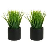 MyGift Tabletop Artificial Grass Plants Decorative Faux Greenery Plant Potted in Modern Cylindrical Black Cement Pots, Set of 2