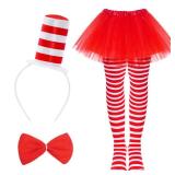 4 Pieces Cat Costume Set Red & White Striped Hat headband Tutu Skirts Bow tie Striped Tight for Read Across America Week (Red)